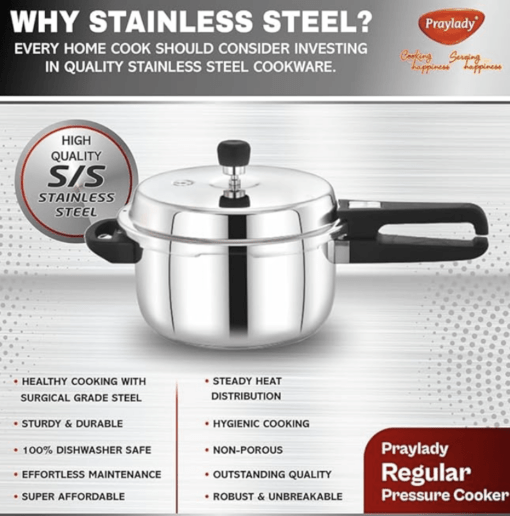 Praylady 3 PLY Base Pressure Cooker - 1.5 Litres | 1.2 mm Body Thickness | Stainless Steel Pressure Cooker with Outer Lid | Gas and Induction Compatible Pressure Cooker | ISI Certified - Image 4